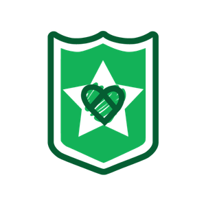 A green shield with a star and a stylised heart inside.