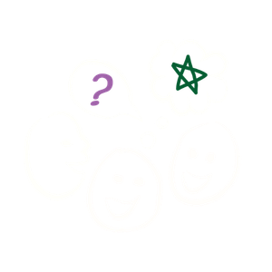 Four cartoon-style smiling faces with speech bubbles. One speech bubble has a purple question mark, and another has a green skull illustration.