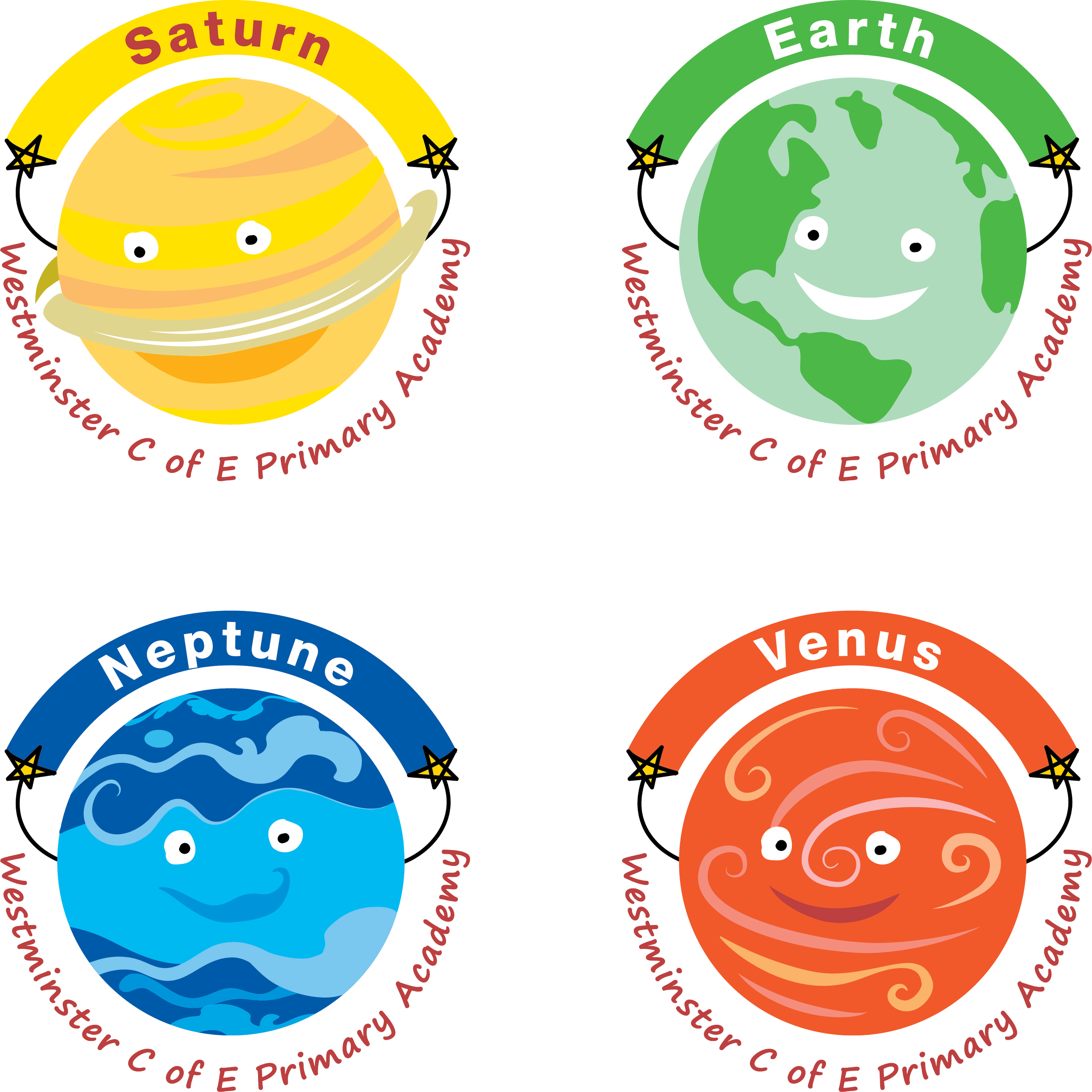 Colored illustrations of four planets: Saturn, Earth, Neptune, and Venus, each with expressive faces and labels, connected by lines.