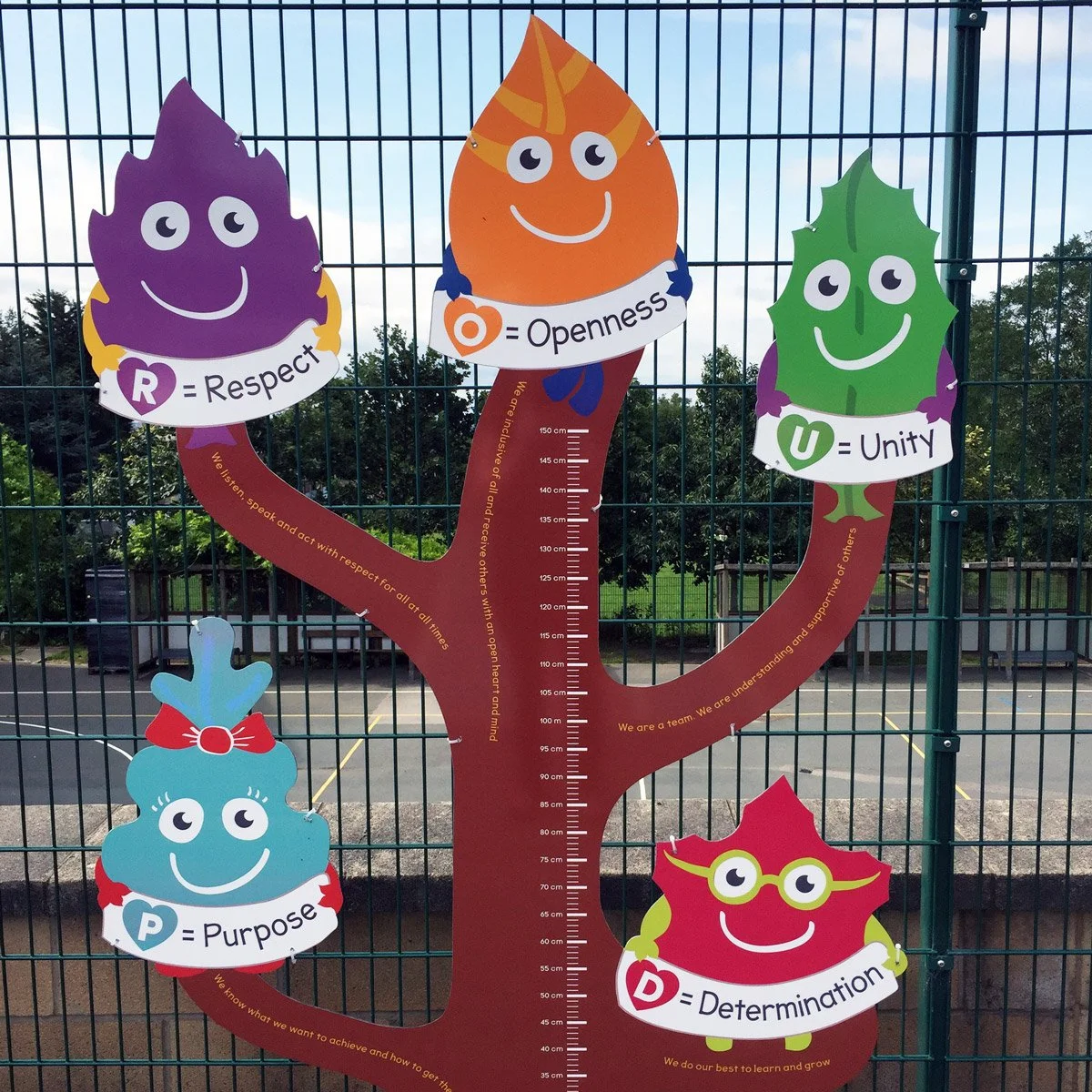 leaf shaped school value characters on a tree shaped graphic with a built in measuring chart to encourage pupils to interact with it