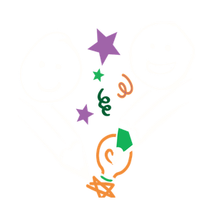 Two smiling stick figure characters holding colored pencils, drawing colorful stars and squiggles on a black background.