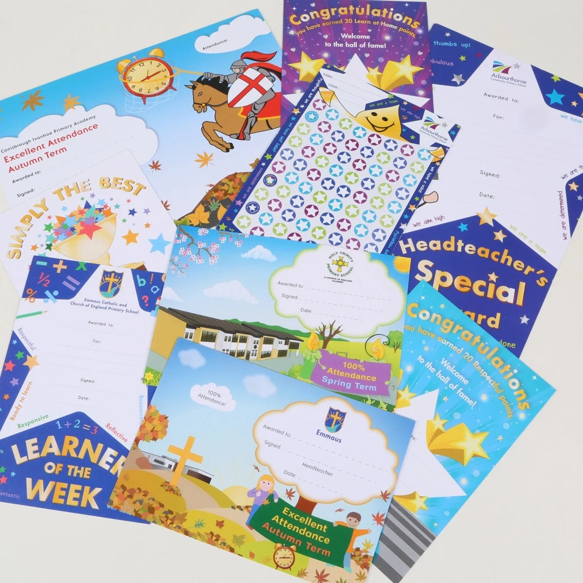 Collection of colorful school achievement and attendance certificates and reward cards with cartoon illustrations for students and teachers.