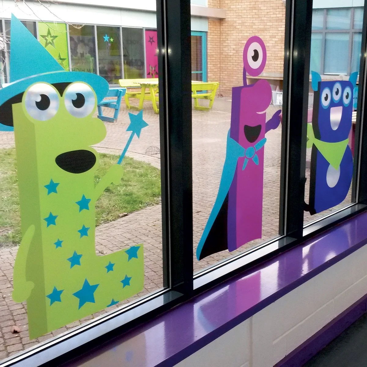 photo of monster themed letters spelling out L-I-B the first 3 letters of the word Library, promoting reading at Arbourthorne Community Primary School