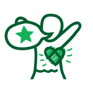 Illustration of  person with arms raised in the air and a speech bubble coming out their mouth with a star in. A large stylised  green heart is on their chest