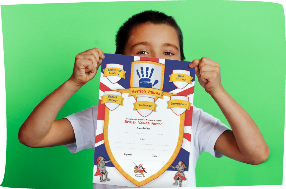 Child holding up A4 British Values certificate with a shield and a male and female knight character design matching their school logo