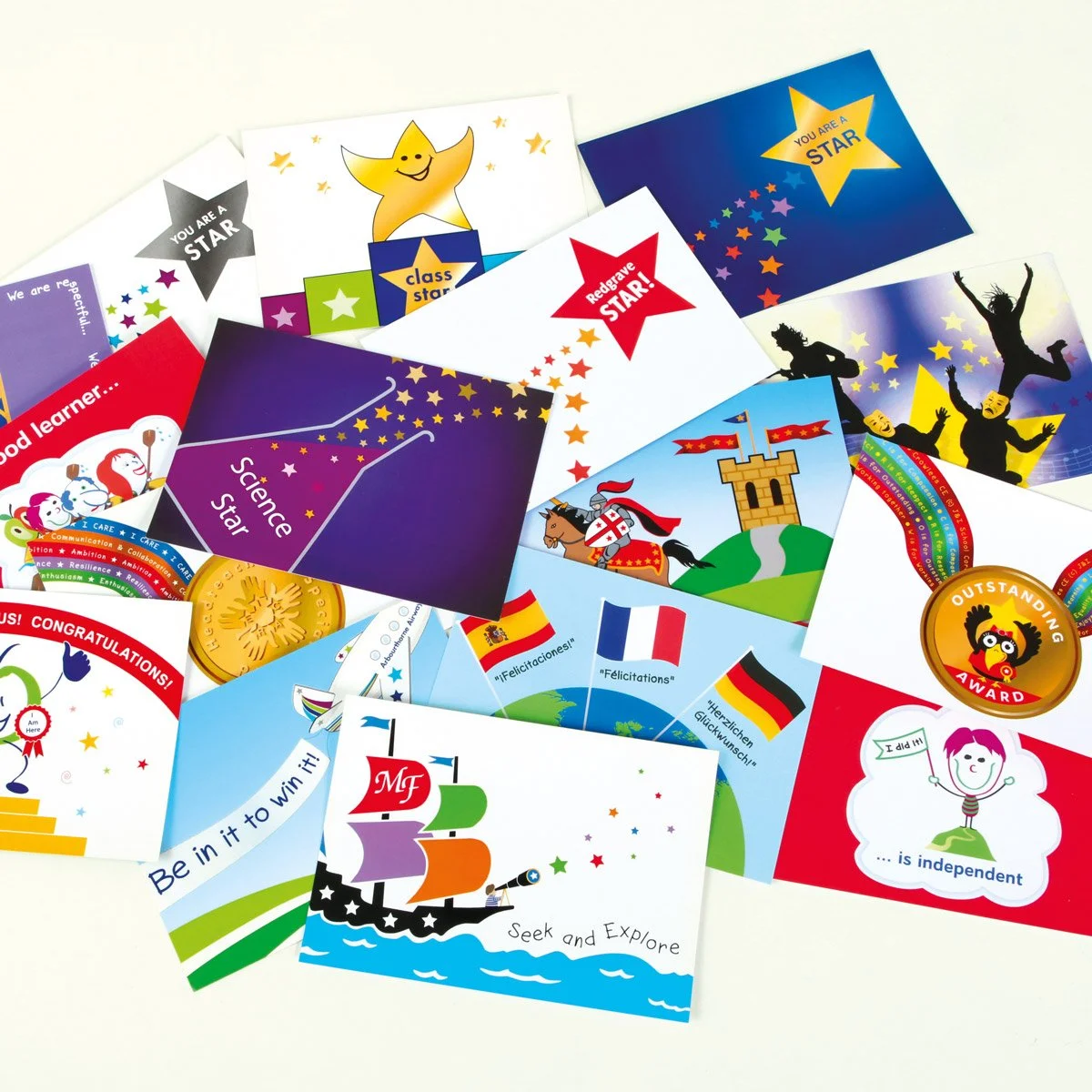 Collection of colorful award and achievement certificates with stars, rainbows, a castle, a pirate ship, and children celebrating.
