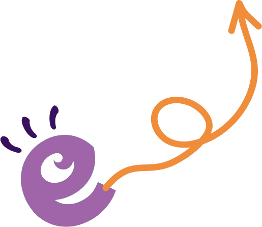 A illustration of a purple e-shaped character with repelling up an orange rope ending in an arrow pointing up