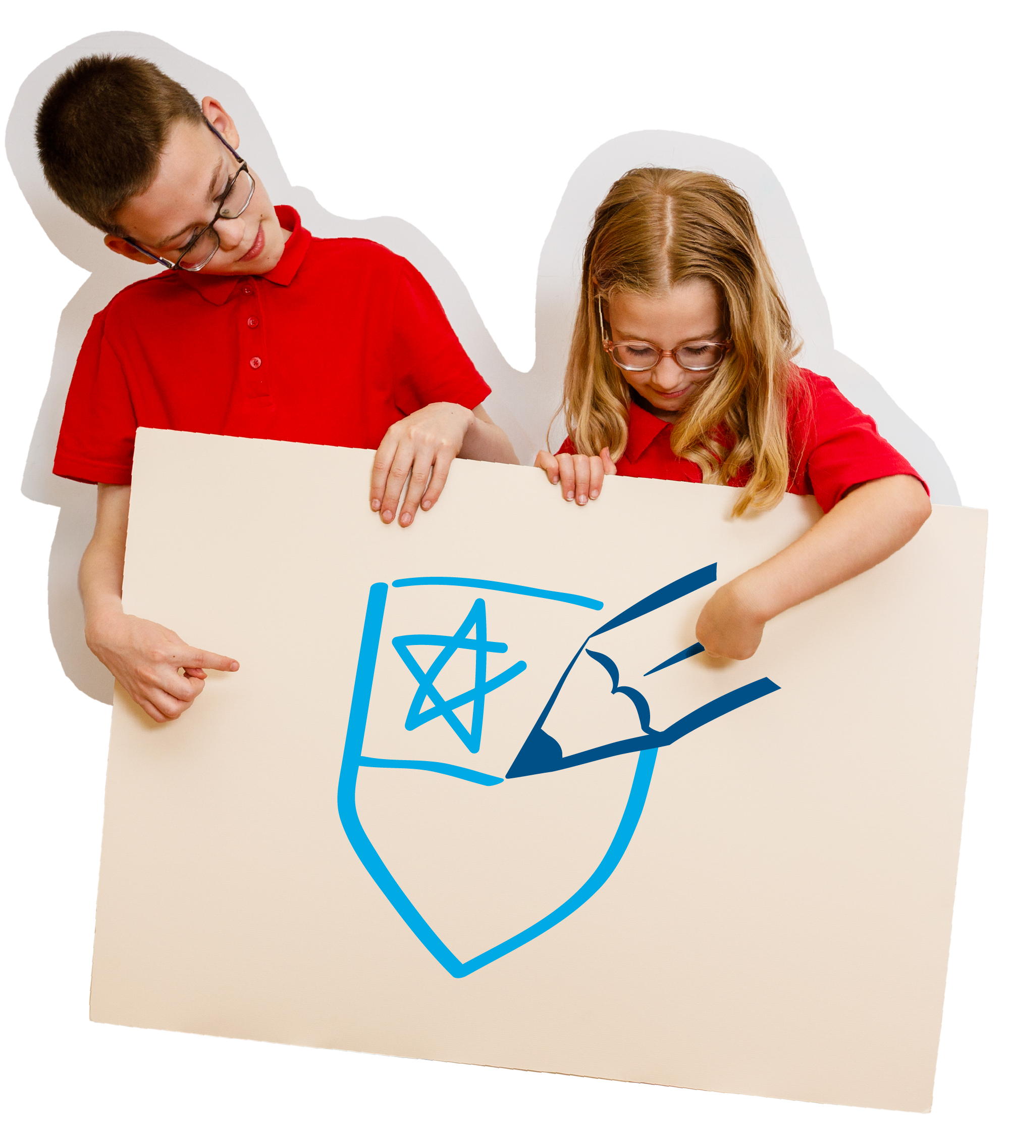 Two children in red shirts holding a whiteboard with a blue drawing of a house, star, and other shapes.