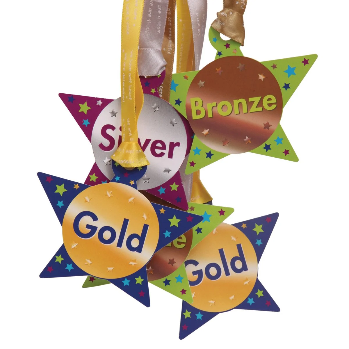 Colorful star-shaped awards for different medals: gold for first place, silver for second place, and bronze for third place, with ribbons hanging from them.