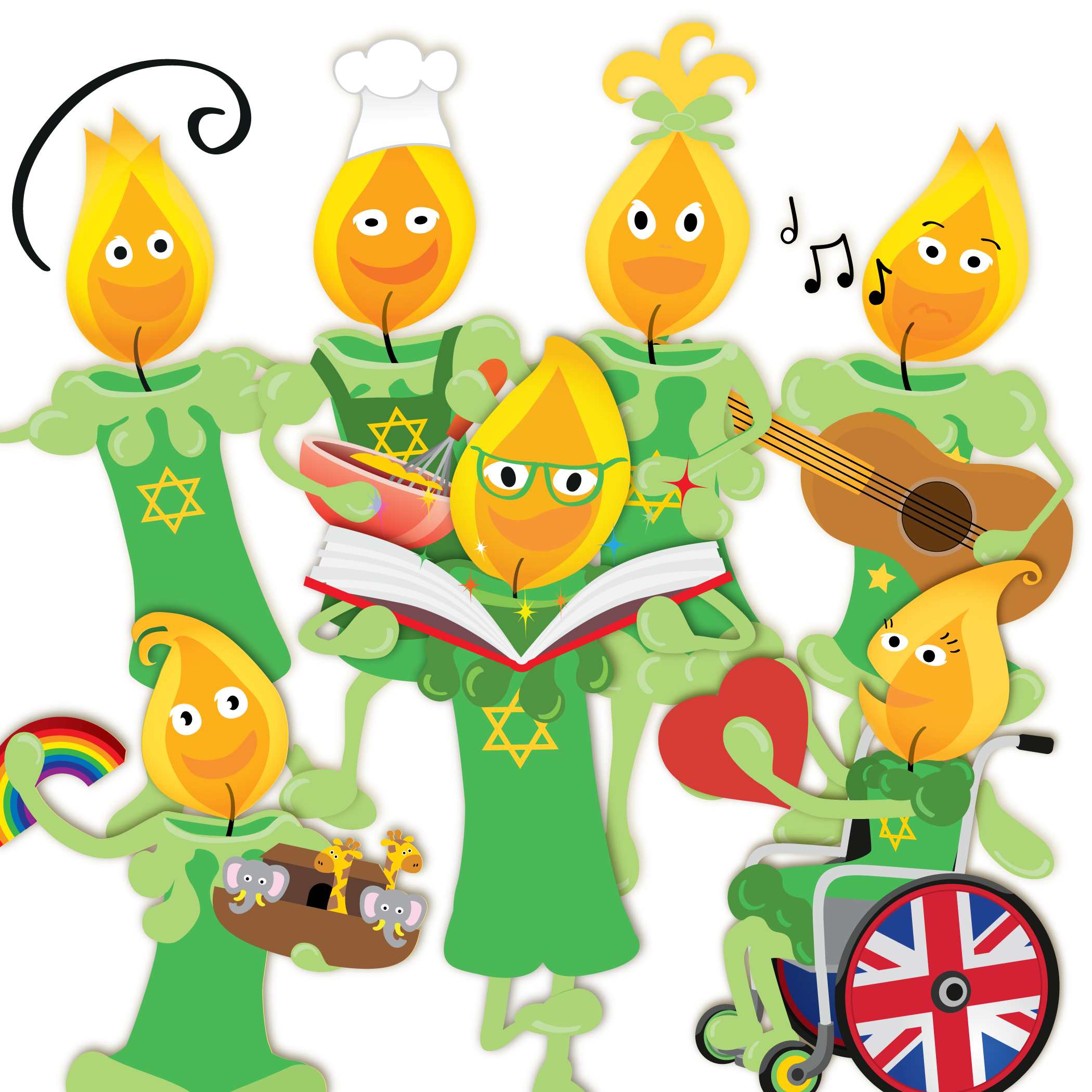 Cartoon illustration of anthropomorphic vegetables and objects celebrating, including carrots, broccoli, tomatoes, and a guitar with British flag design, with musical notes and accessories.