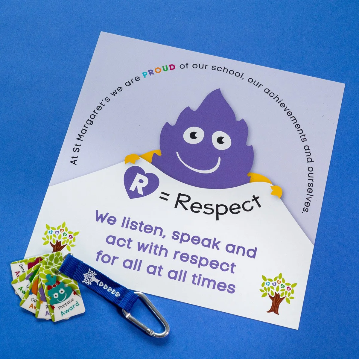 A school award poster with a purple friendly character, colorful and black text emphasizing respect, listening, speaking, and acting with respect, and a cluster of award tags with a blue safety pin.