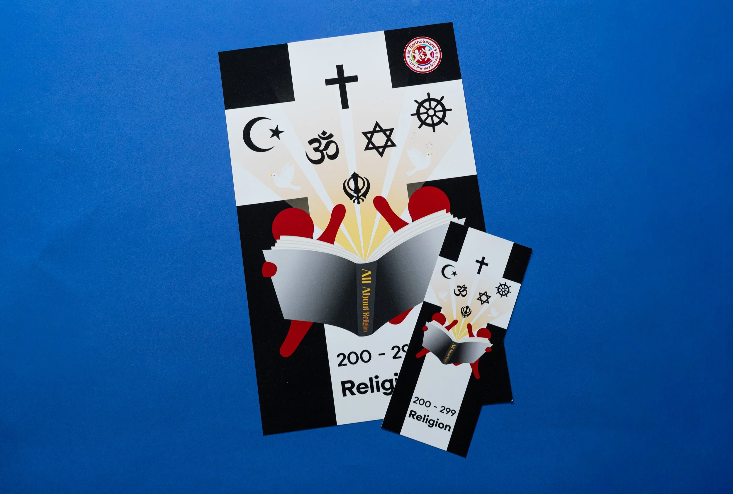 Flyer titled 'All About Religion' featuring symbols of various religions including Islam, Christianity, Hinduism, Judaism, Sikhism, and Buddhism, with a blue background.