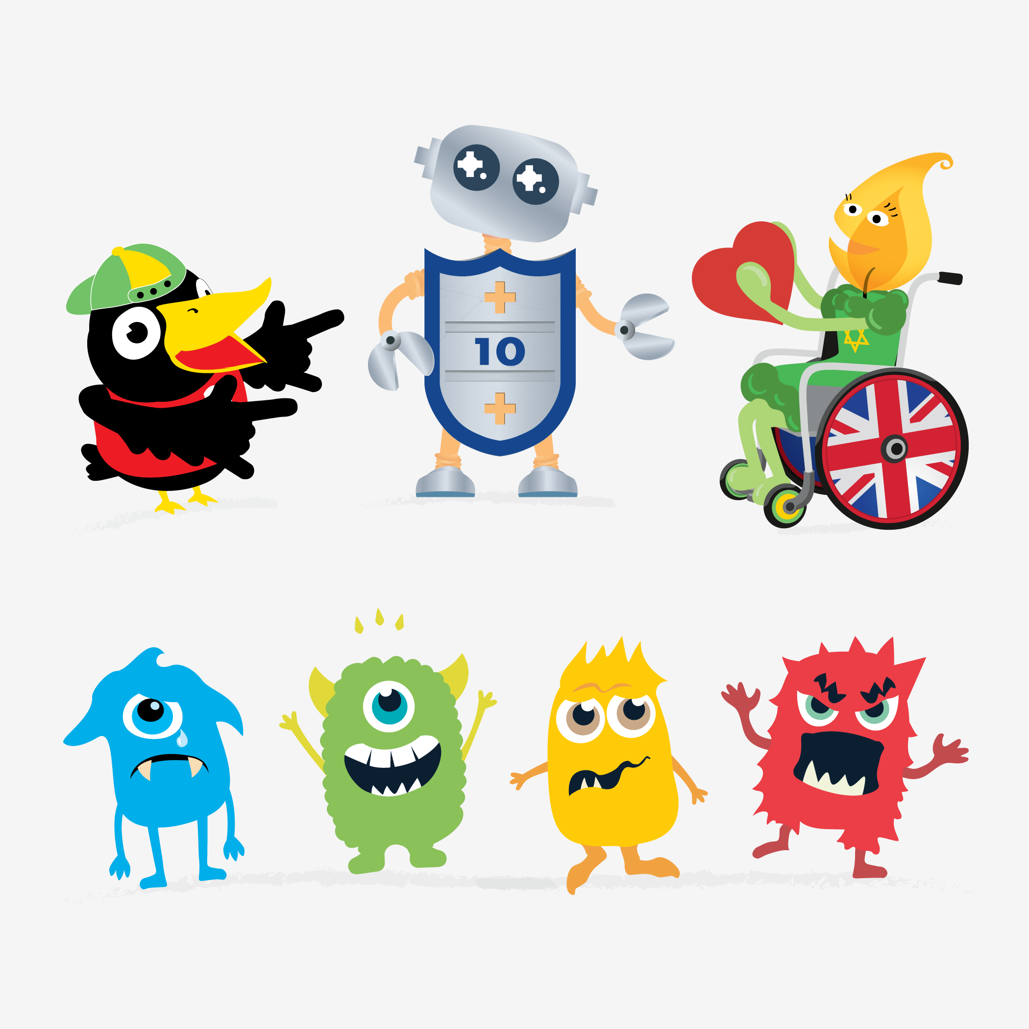 Collection of colorful cartoon monsters and a robot with a shield, holding a pot, and a duck wearing a green cap.