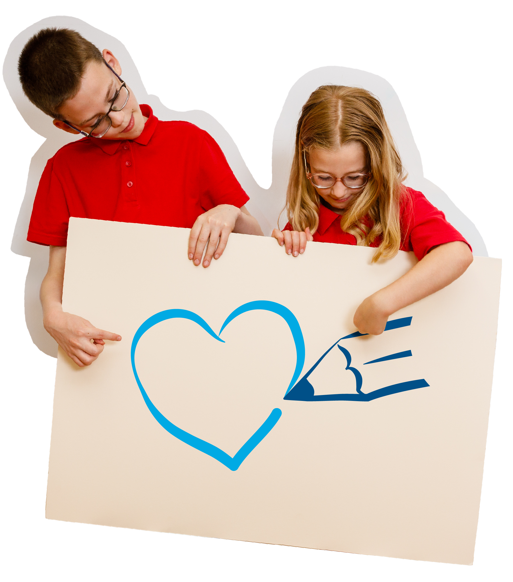 Children pointing at a hand drawn heart shape on a board they are holding