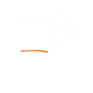 A shield with a heart symbol and a pen writing on a paper with a heart symbol inside it.