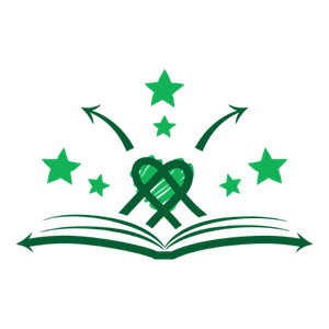 Illustration of a stylised heart bursting out of an open book , surrounded by stars. Green arrows are pointing upwards and outwards