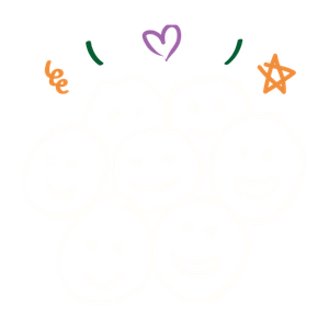 Group of seven smiling doodle faces surrounded by small doodles of a heart, a star, and a bell, on a white background.