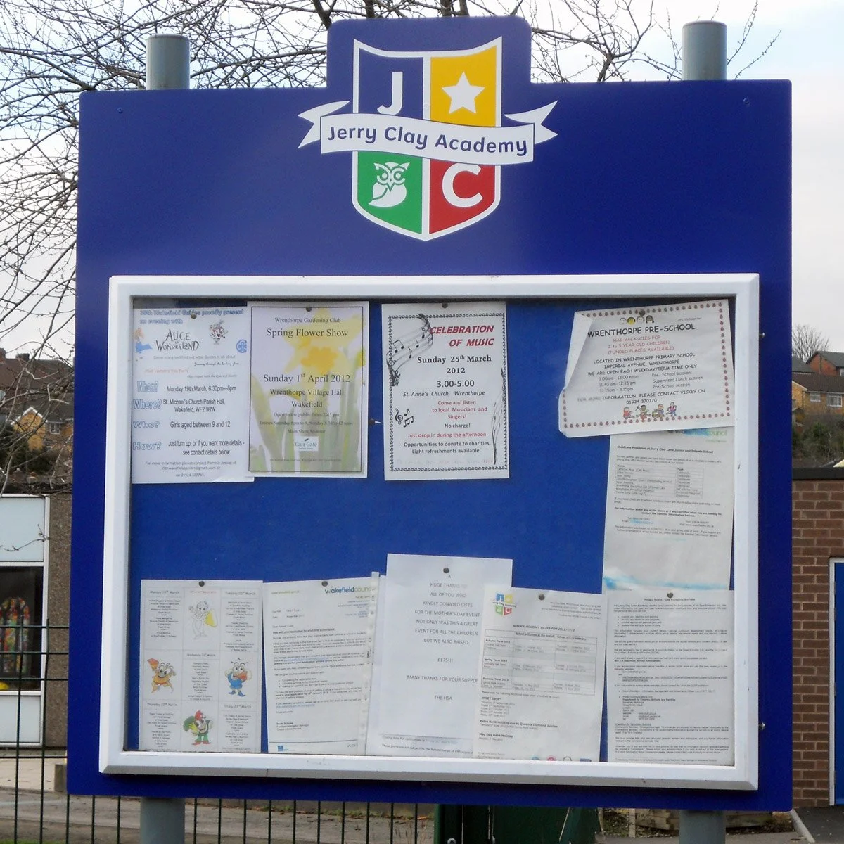 Jerry Clay school noticeboard with academy branded backboard and noticeboard display case
