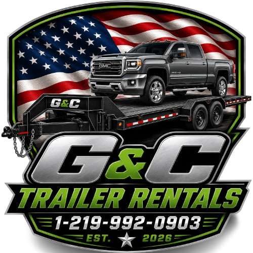 Logo for G&C Trailer Rentals featuring a black pickup truck on a trailer, with an American flag background and contact information.