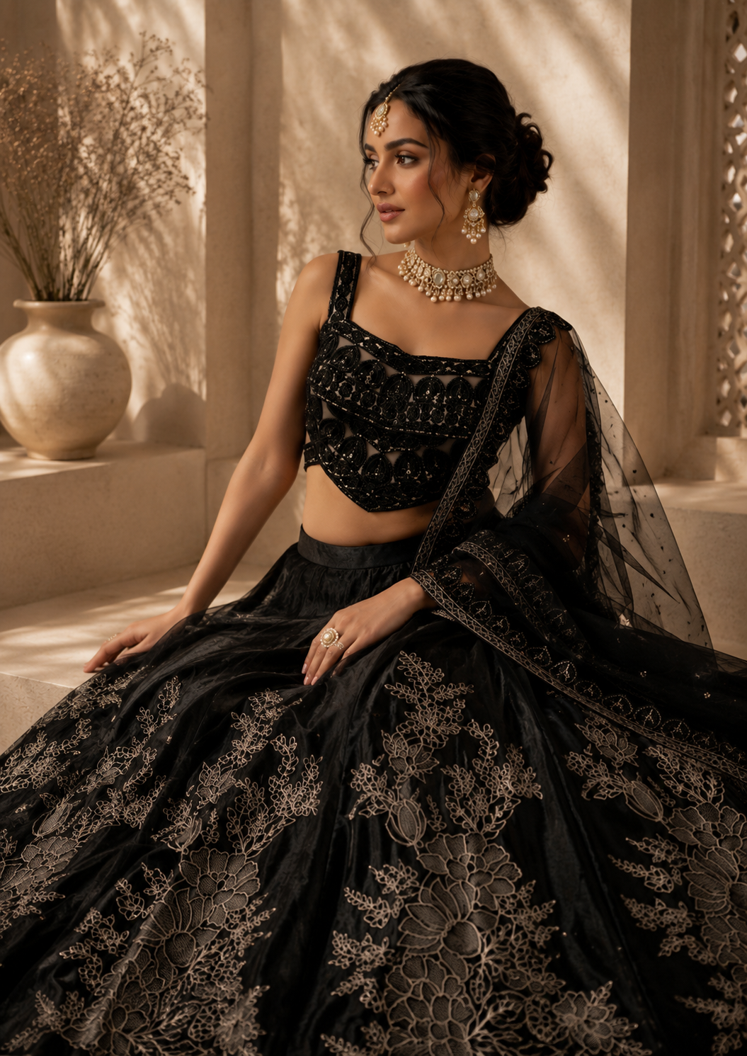 A woman dressed in a black traditional Indian outfit with intricate embroidery, jewelry, and a sheer dupatta, sitting indoors with neutral-colored decor and plants in the background.