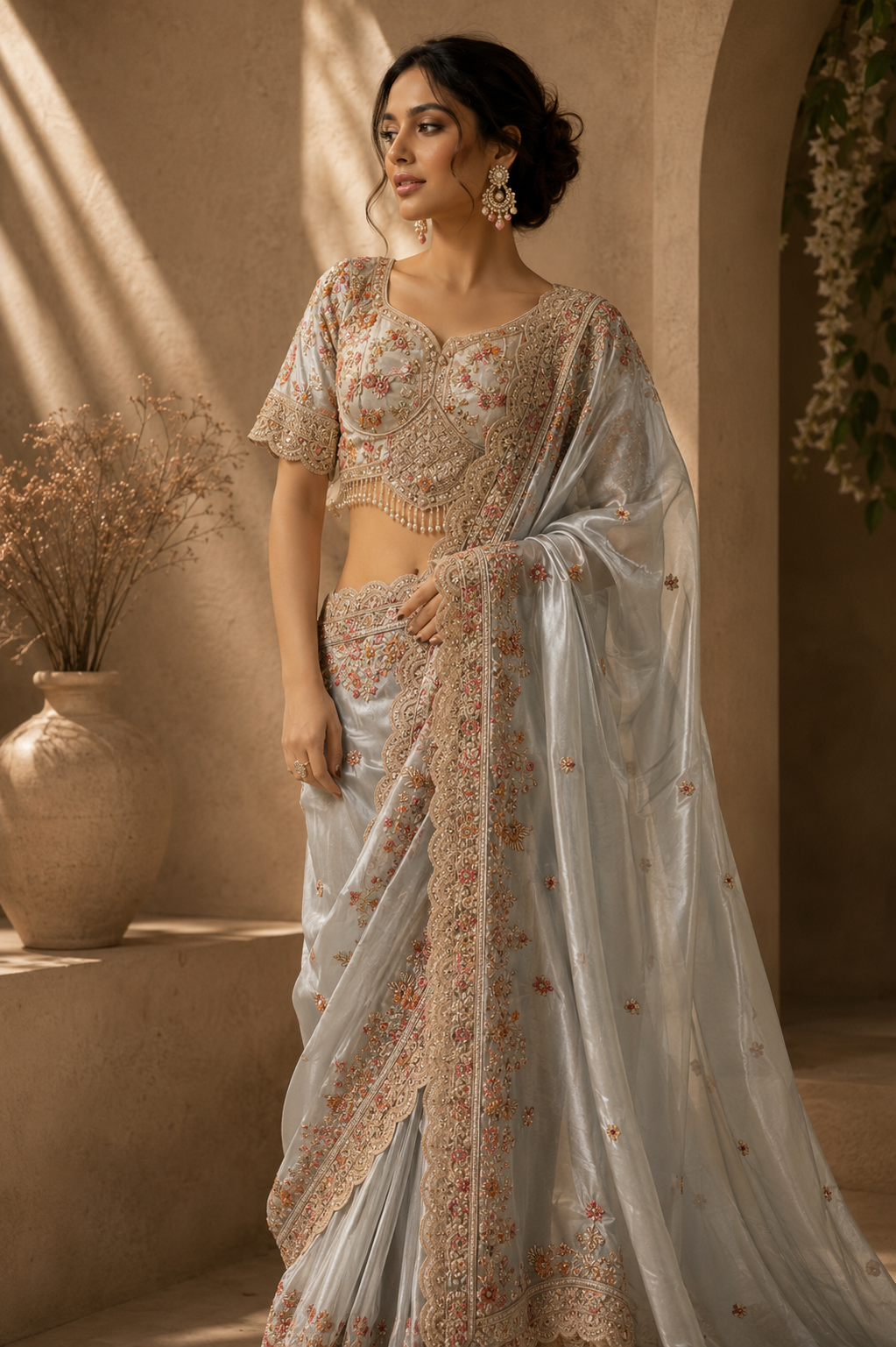 A woman wearing a traditional Indian silver-colored embroidered saree and blouse, standing indoors near a beige wall with sunlight and shadows, adorned with large earrings and a ring.