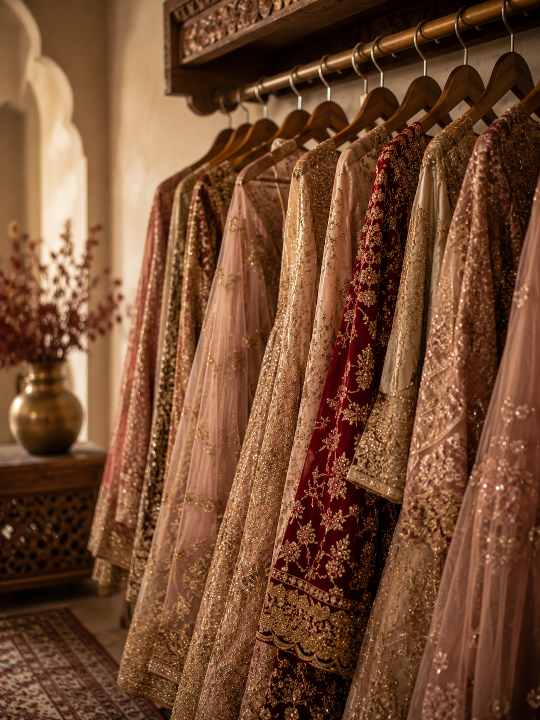 Elegant dresses with gold and red embroidery hanging on wooden hangers in a boutique. A brass vase with pinkish dried flowers on a wooden table to the left.