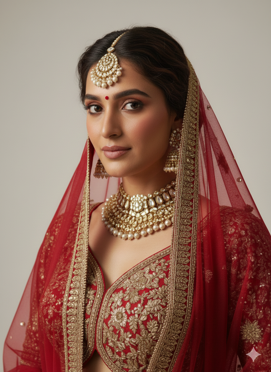 A woman in traditional Indian bridal attire wearing elaborate jewelry and a red embroidered sari.