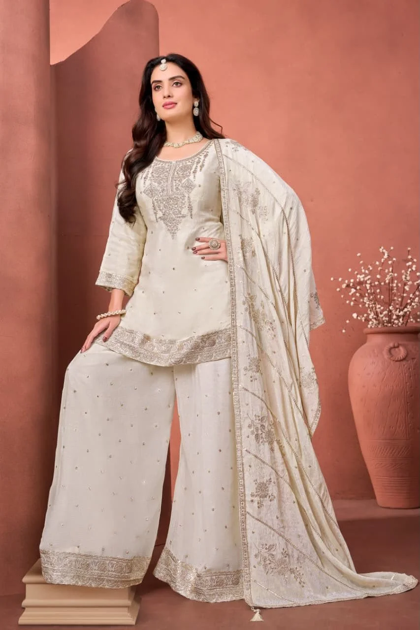 Elegant Off-White Embroidered Suit Set