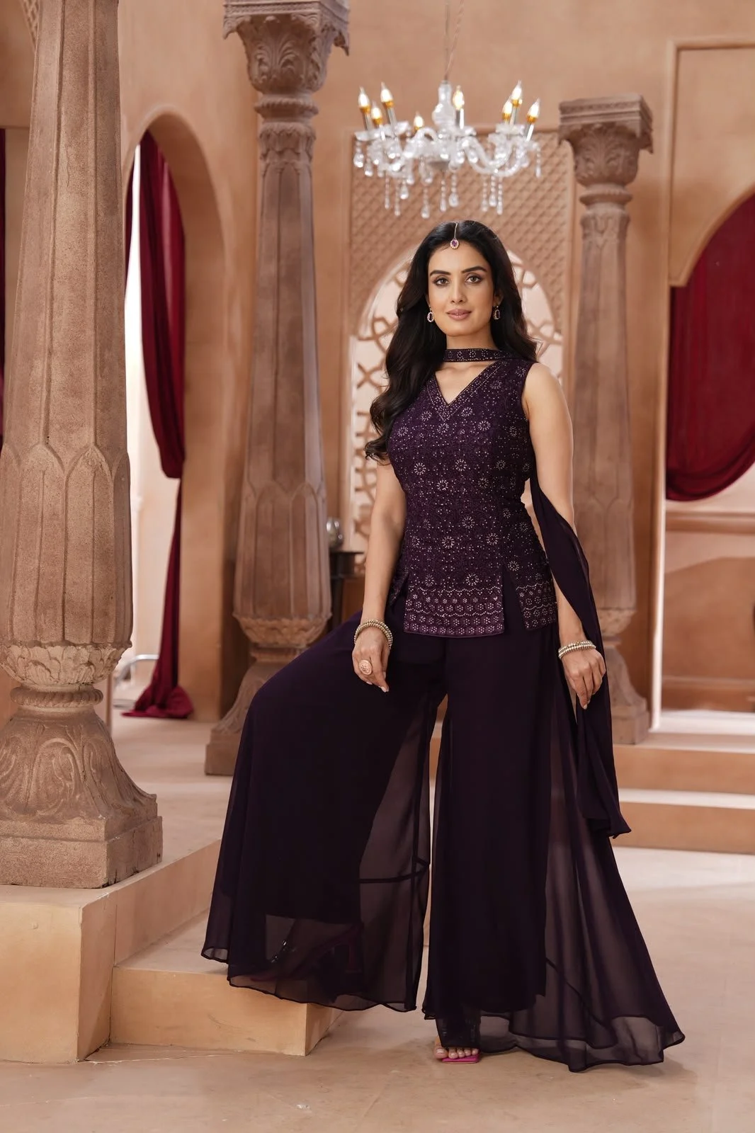 Elegant Embroidered Deep Purple Palazzo Suit
