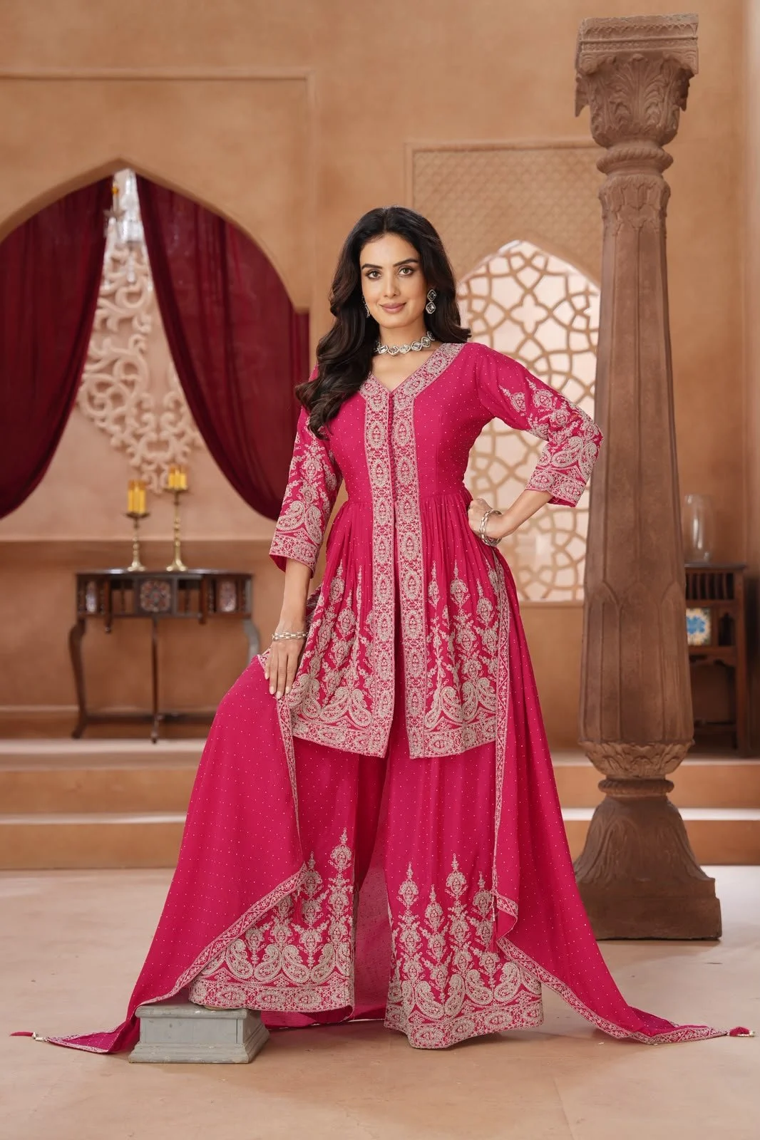 Exquisite Pink Embroidered Festive Ensemble