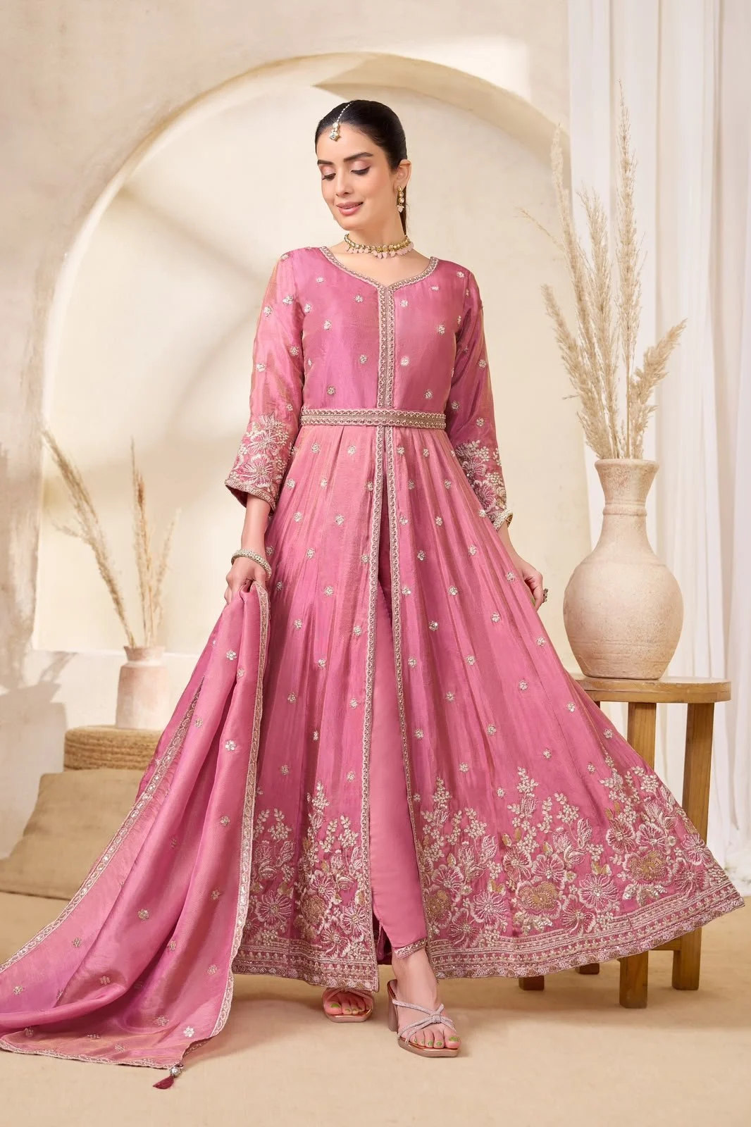 Elegant Pink Embroidered Anarkali Suit