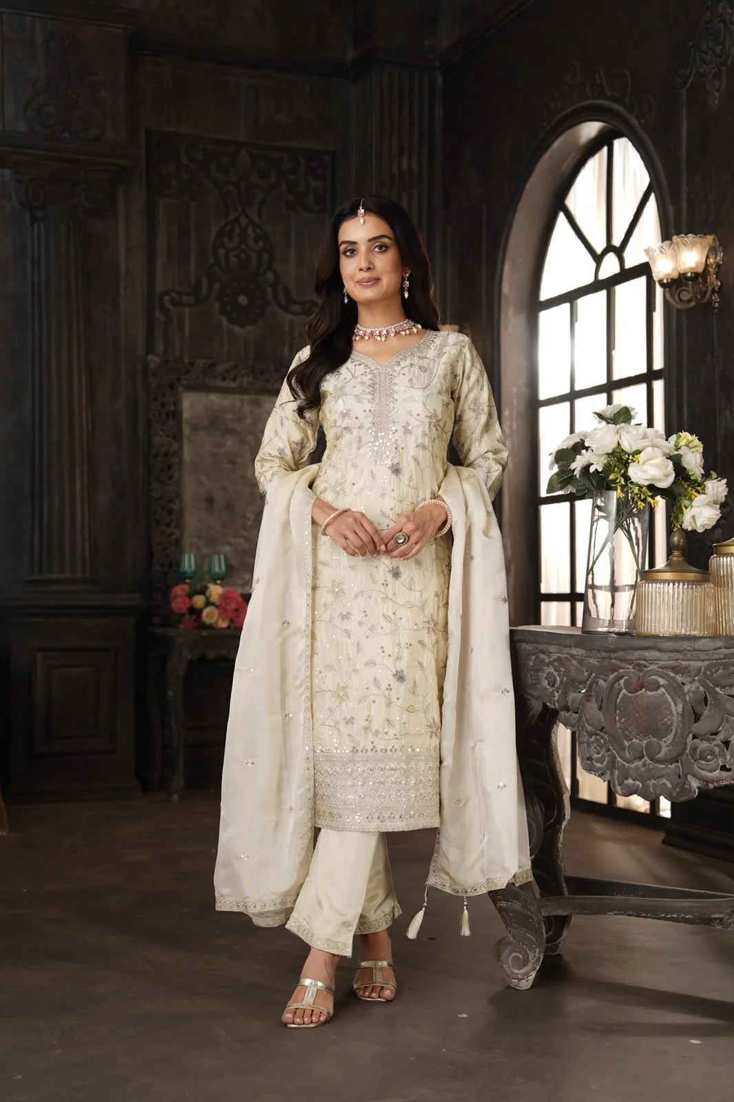 Cream Embroidered Ethnic Ensemble