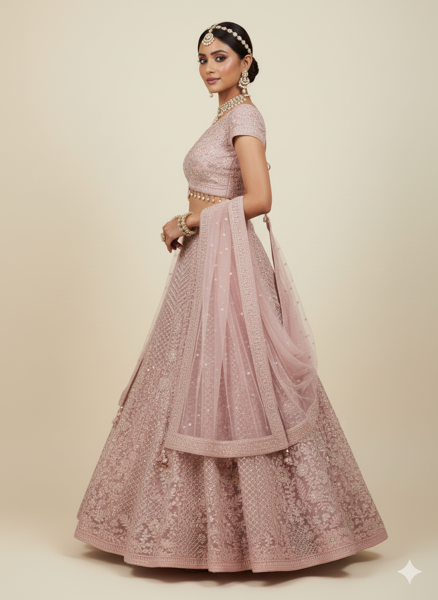 A woman in a pink traditional Indian outfit, including a lehenga, choli, and dupatta, adorned with intricate embroidery, along with matching jewelry and a pearl headpiece, standing against a neutral background.