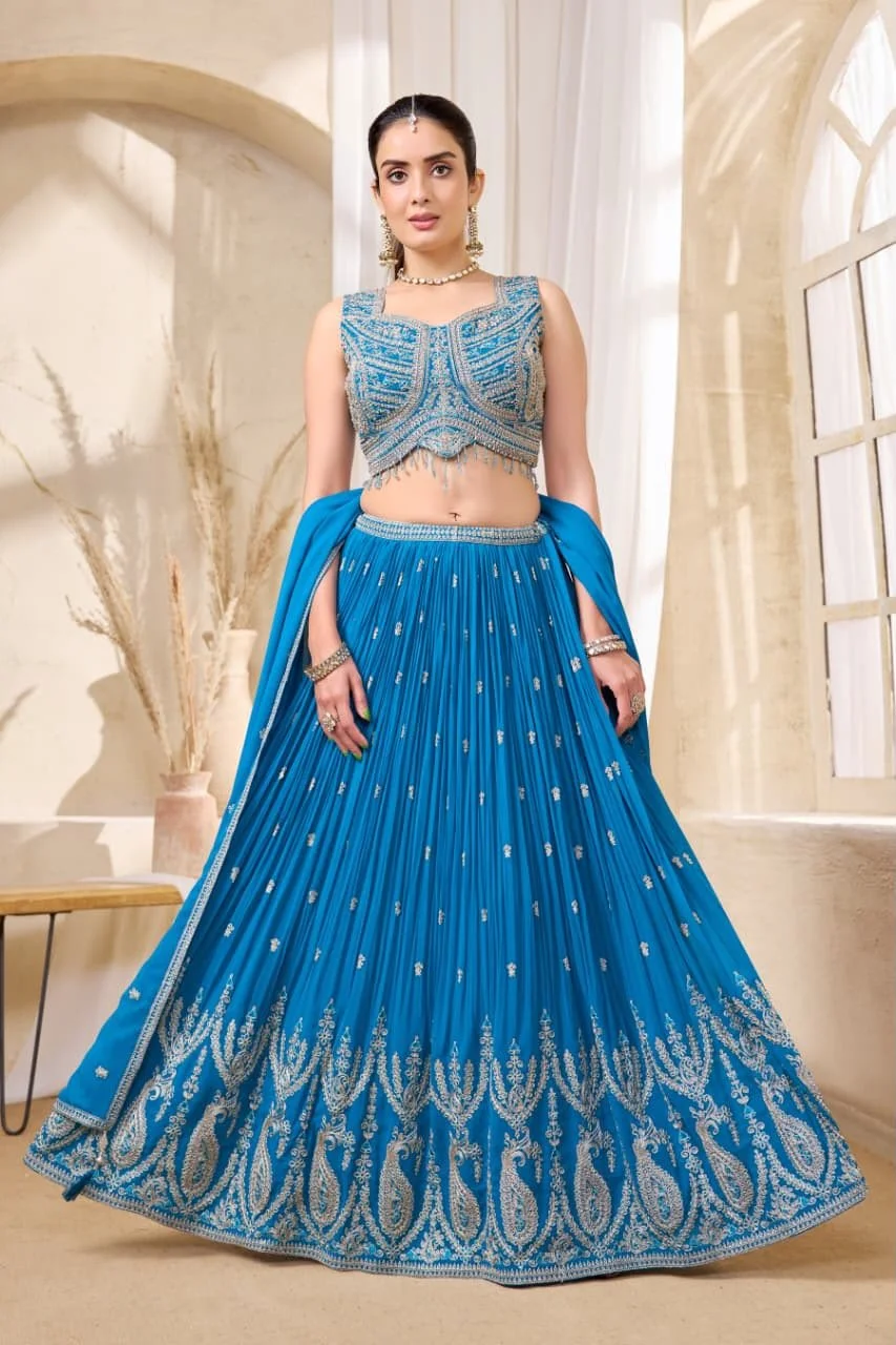 Elegant Blue Embroidered Lehenga Set