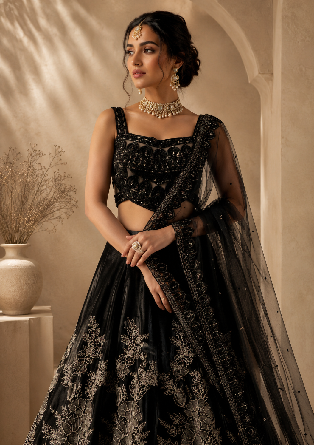 Woman dressed in traditional black Indian attire with gold embroidery, wearing jewelry including a necklace, earrings, and a ring, standing against a neutral background.