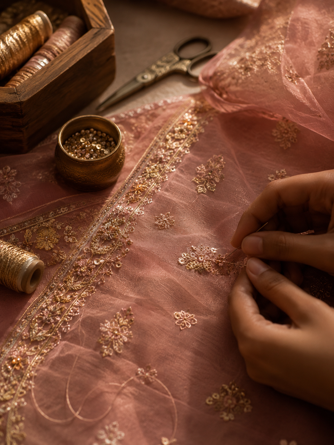 Close-up of hands sewing intricate gold and pink embroidery on a pink fabric with floral patterns. Nearby are sewing supplies including a wooden box with spools of thread, a pair of decorative scissors, and a small container of beads.