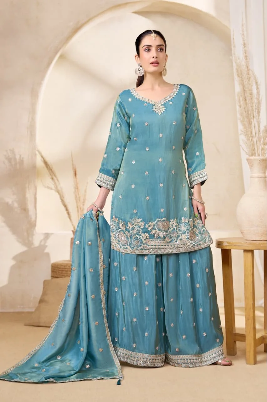 Turquoise Embroidered Ethnic Suit