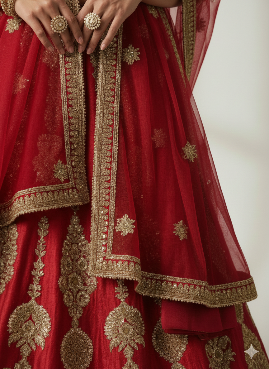 Close-up of hands with pearl and gold rings resting on a red and gold embroidered traditional Indian garment, showcasing intricate gold embroidery and floral patterns.