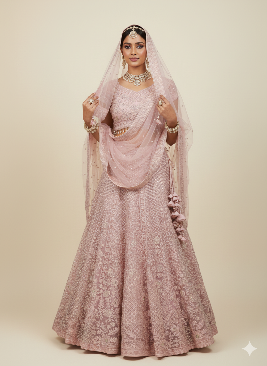 A woman dressed in traditional Indian bridal attire, including a pink embroidered lehenga, dupatta, and extensive jewelry, standing against a neutral background.