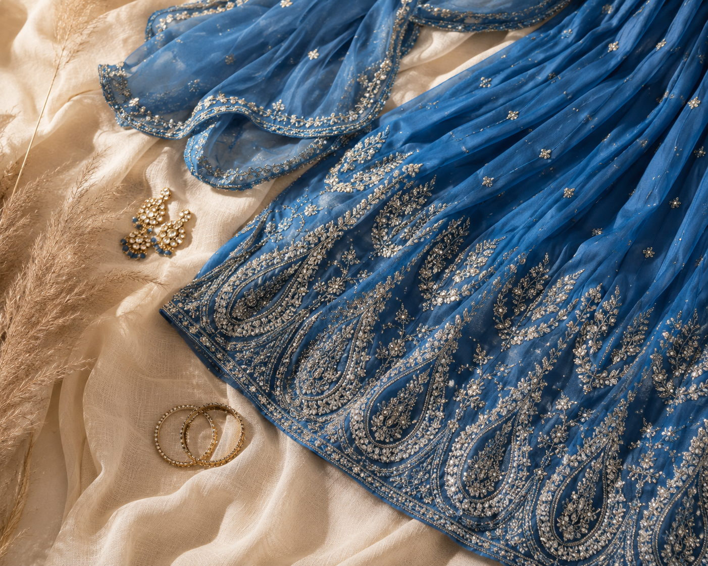 A blue embroidered traditional dress with gold and silver detailing, accompanied by pearl and gold earrings, a gold bracelet, and a gold ring, arranged on a cream fabric with beige pampas grass.