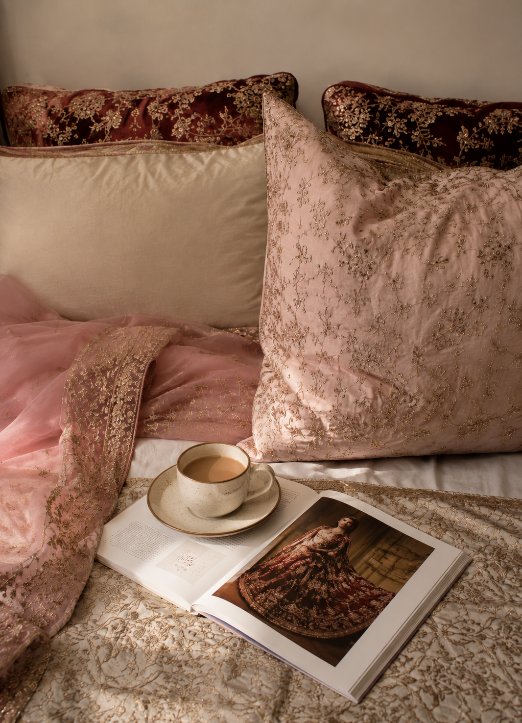 A bed decorated with ornate pink and brown embroidered pillows and a pink embroidered blanket, a mug of coffee or tea, an open fashion magazine, and a book featuring a model in an elaborate gown.