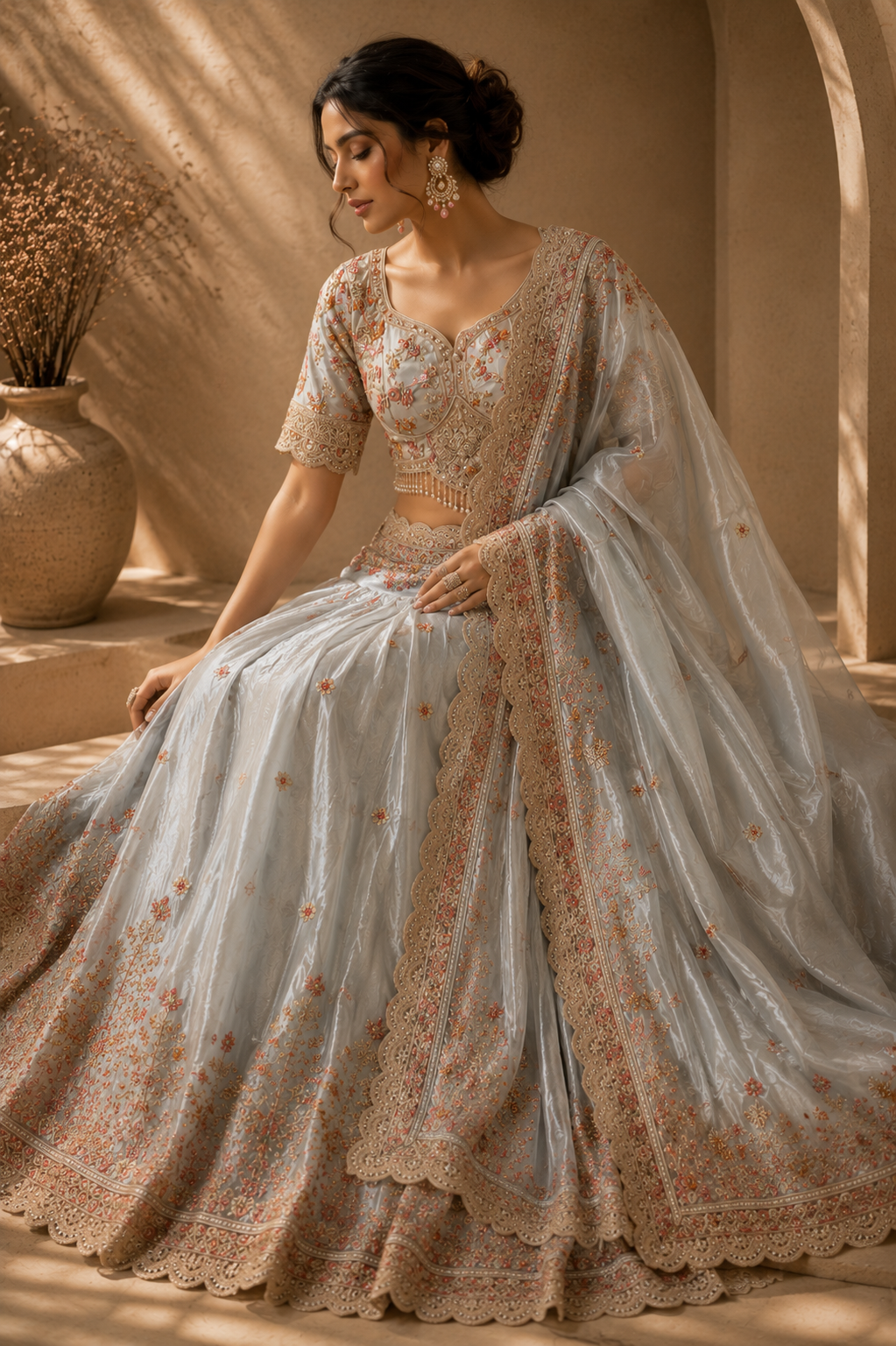 A woman dressed in an ornate traditional Indian bridal outfit in shades of cream and gold, sitting elegantly with a serene expression in a warm, rustic setting.