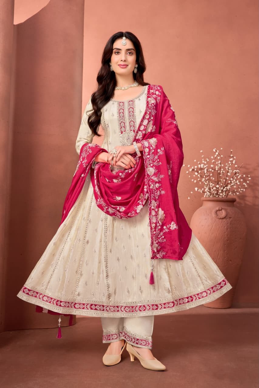 Ivory Elegance Anarkali Suit with Pink Embroidery