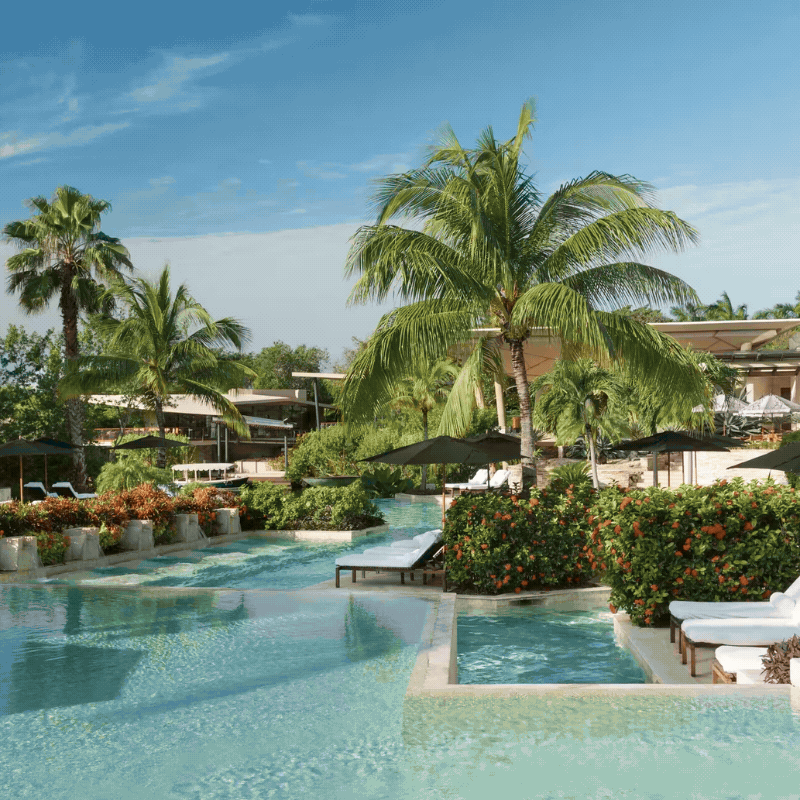 Rosewood Mayakoba, Mexico. Resort pool area with palm trees, lounge chairs, umbrellas, and lush greenery under a blue sky.