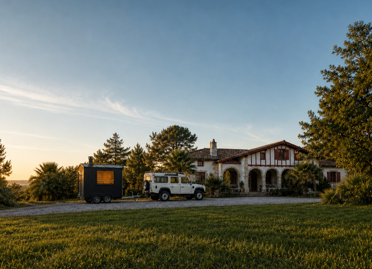 Une maison de campagne entourée d'arbres, avec un véhicule tout-terrain blanc tirant une tiny house noire sur une allée, au coucher du soleil.