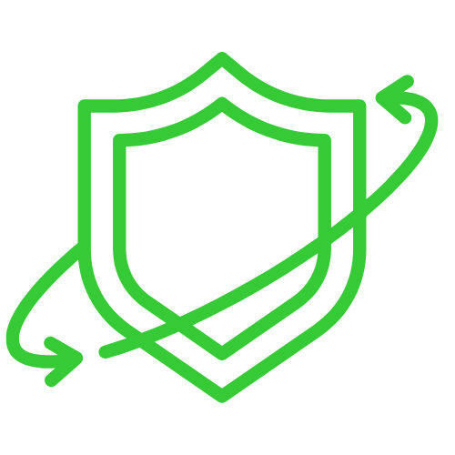 Green shield with a diagonal line and curved arrows around it, symbolizing protection and security.