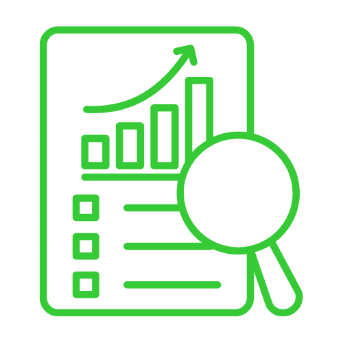 Green icon of a report or analysis document with a bar chart, an upward trending arrow, and a magnifying glass.