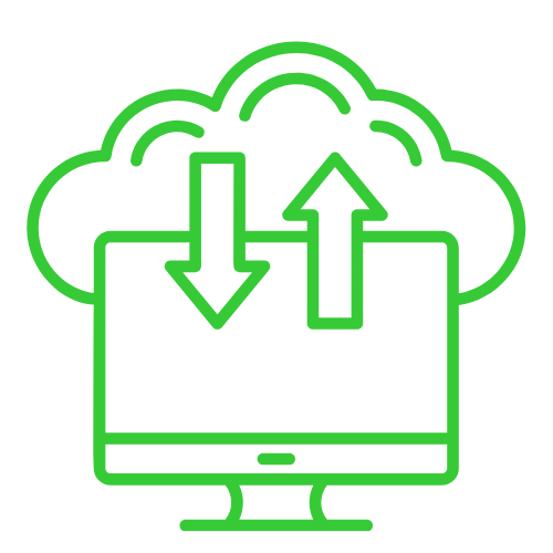Green icon of a computer monitor with a cloud above it, showing downward and upward arrows indicating data upload and download.