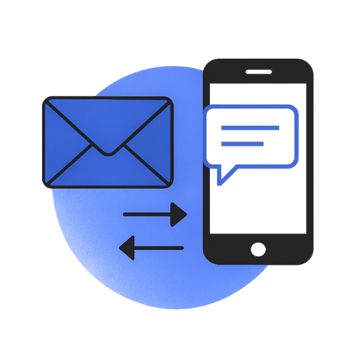 Icons of an envelope and a smartphone with a chat bubble, illustrating email and messaging exchange.