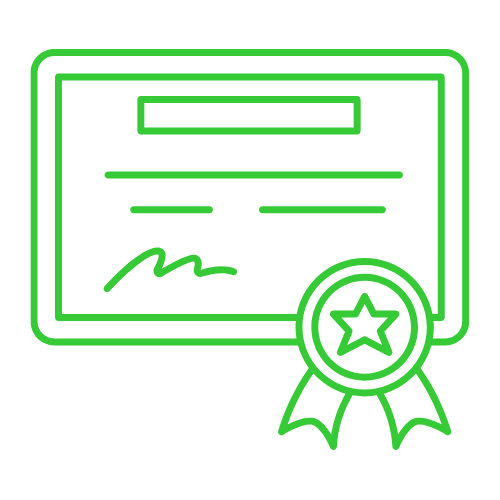 Outline illustration of a certificate with a star emblem and ribbon at the bottom, all in green lines.